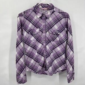 Western Pearl Snap Shirt Long Sleeve Purple Plaid Chambray Size M Cowgirl